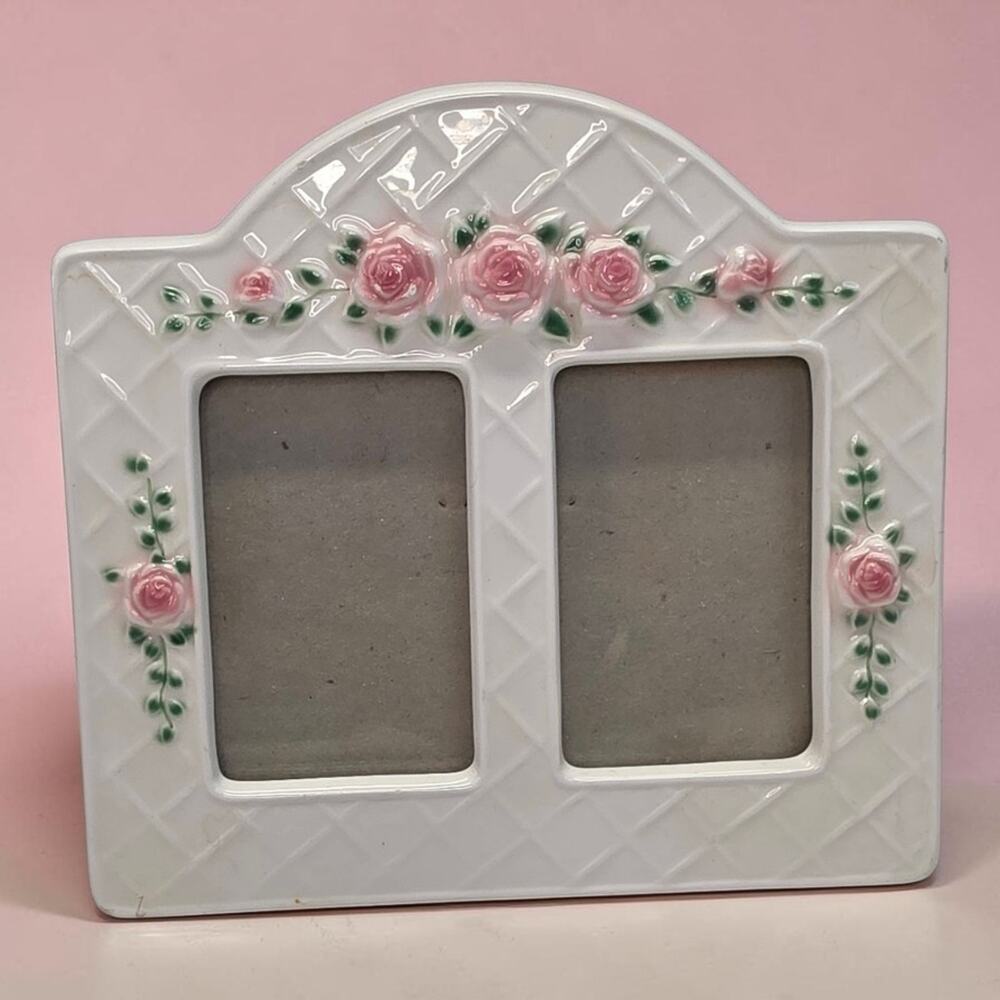 Fitz and Floyd Blushing Rose White Ceramic Double Photo Frame Cottagecore Shabby